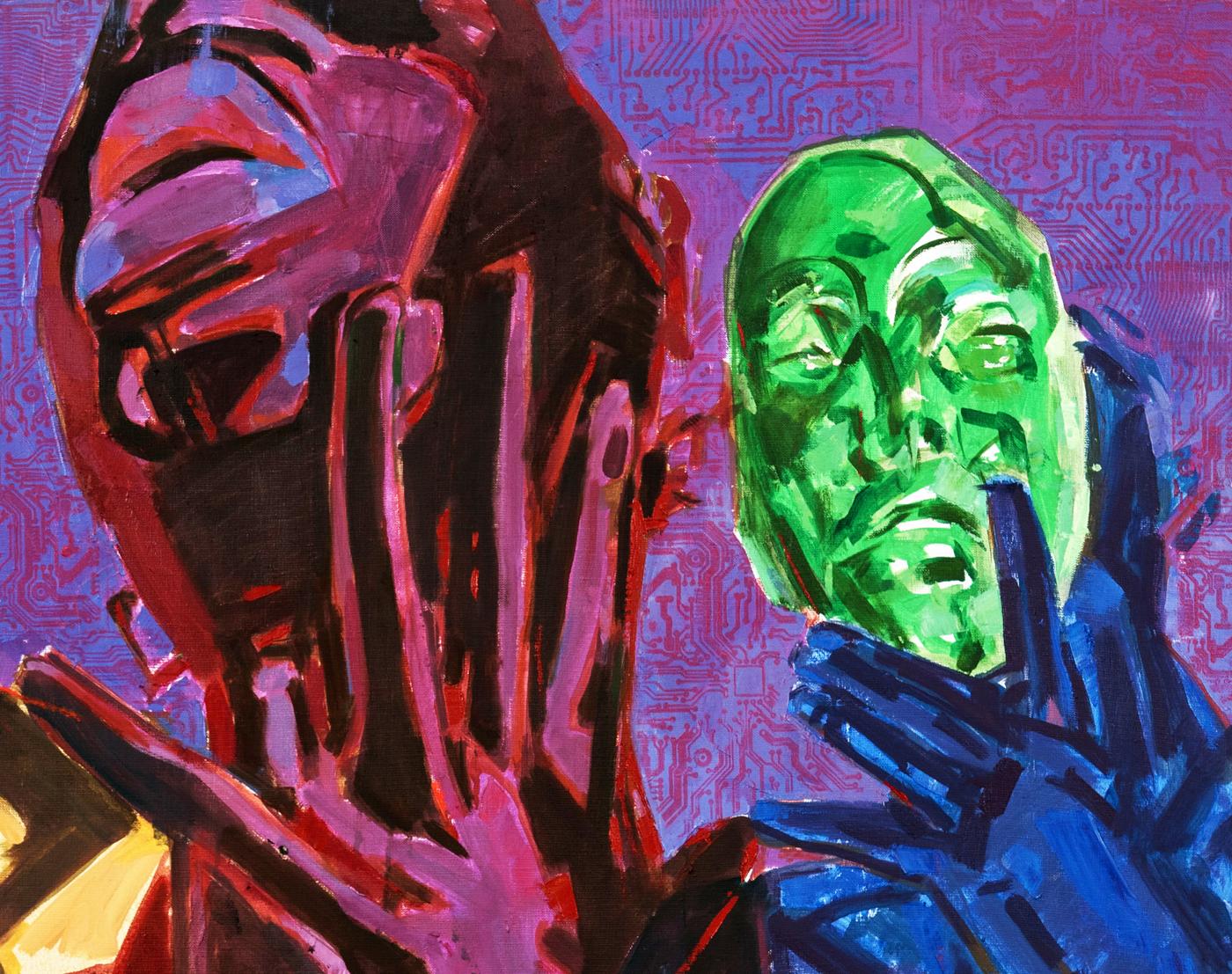 Vibrant Theater Ed Potapenkov acrylic painting with red-black and green faces on circuit background