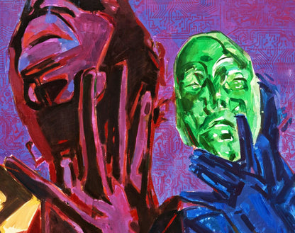 Vibrant Theater Ed Potapenkov acrylic painting with red-black and green faces on circuit background