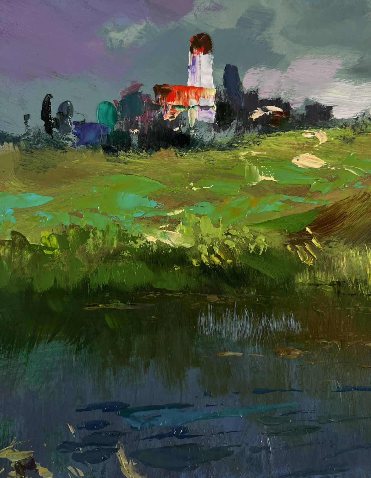 Vibrant impressionistic oil painting by Yuriy Suprunchuk of lighthouse on reflective water