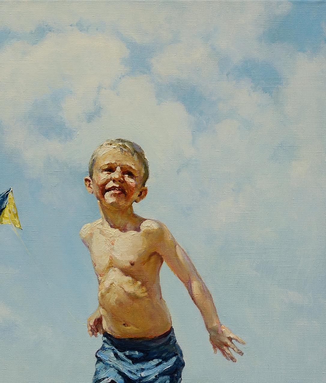 Oil painting Sunny island by Oleg Kateryniuk: cheerful shirtless boy in blue shorts