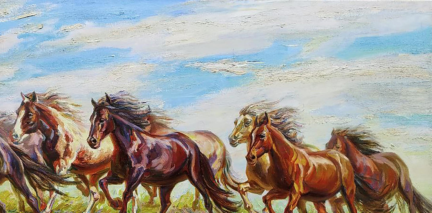 Oil painting Herd by Leonid Pavlenko: horses galloping in field