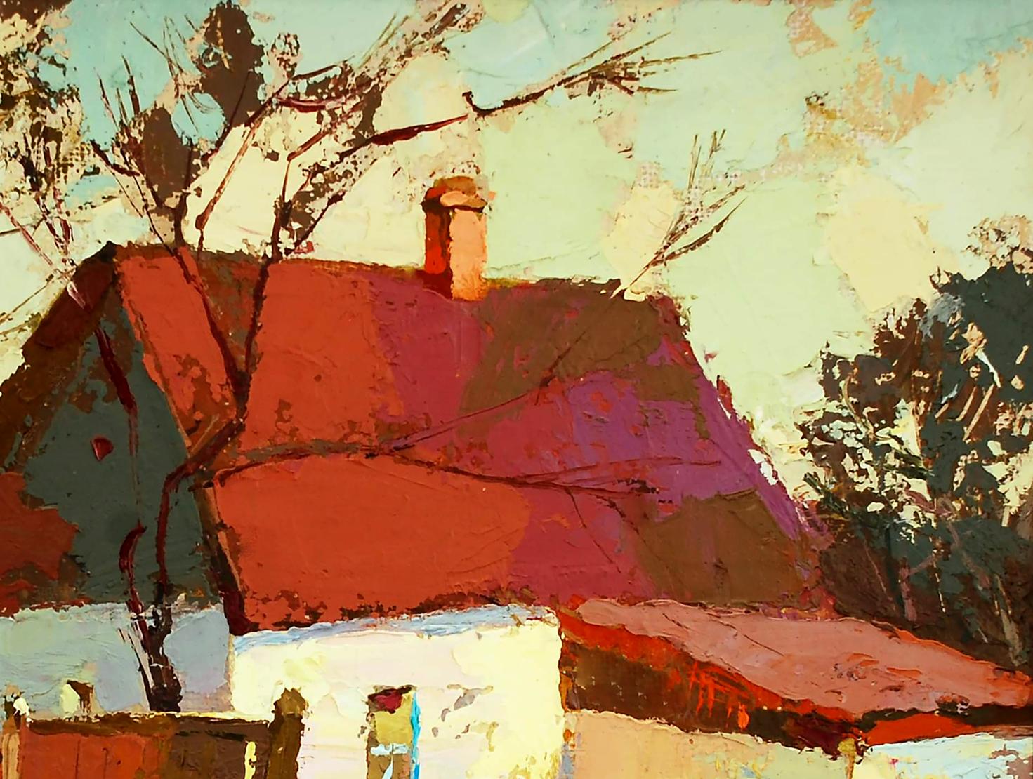 Oil painting Warm March by Egor Shvachunov: rustic house with red-tiled roof