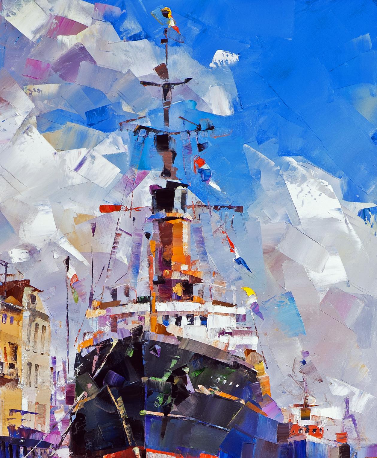 Oil painting Between two banks Volodymyr Gluhomanyuk: vibrant ship with black hull under blue sky