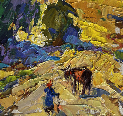 Vibrant impressionist oil painting by Oleksiy Ivanyuk: walking a cow in field