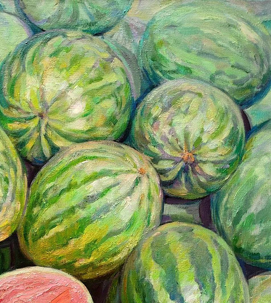 Oil painting of vibrant green watermelon by Leonid Pavlenko