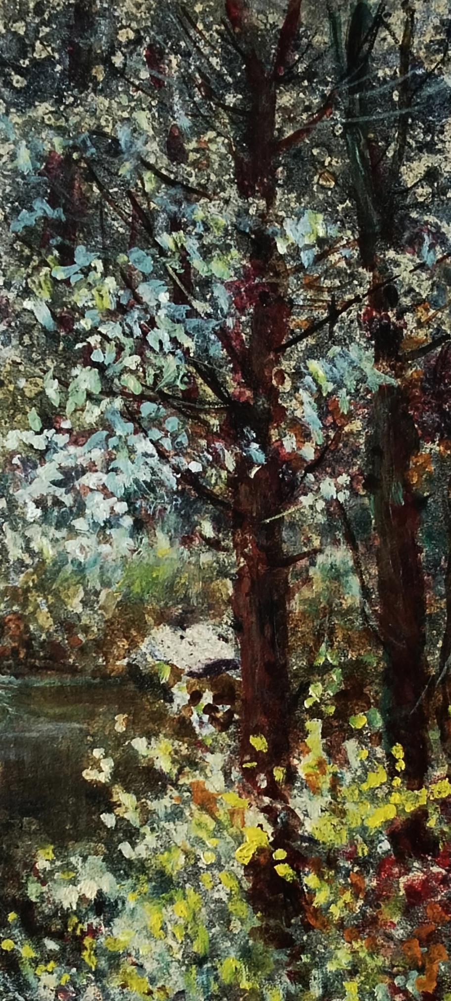Textured impressionist oil painting of trees undressing in wind by Vitaly Duhnevich
