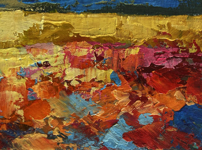 Vibrant oil painting Sunset after the rain by V. Zadorozhnya in gold, red, blue, purple