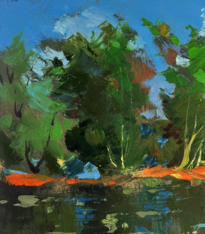 Oil painting of river boat in silence by Yuriy Suprunchuk, vibrant green trees reflect in orange water