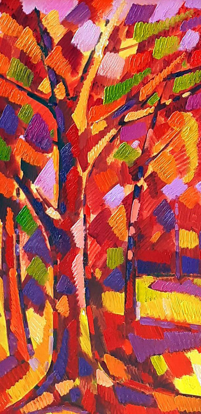 Vibrant abstract autumn tree oil painting by Peter Dobrev with bold textured strokes