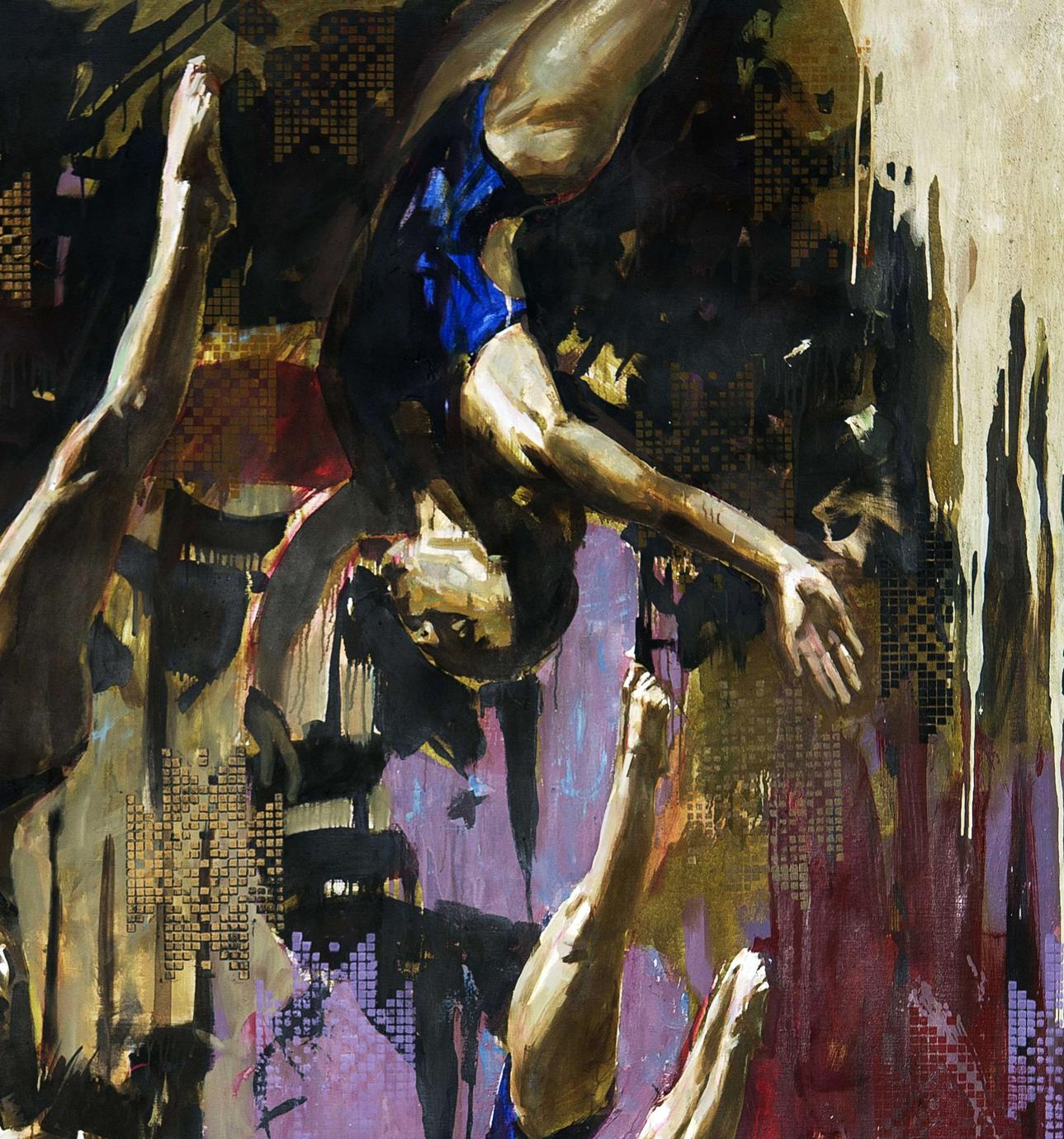 Oil painting Gravity by Ed Potapenkov: muscular figure mid-air in abstract expressionism