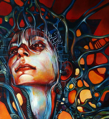 Oil painting Shiva by Konsta G. Amelinn: surreal face with glowing blue orange tendrils on red background
