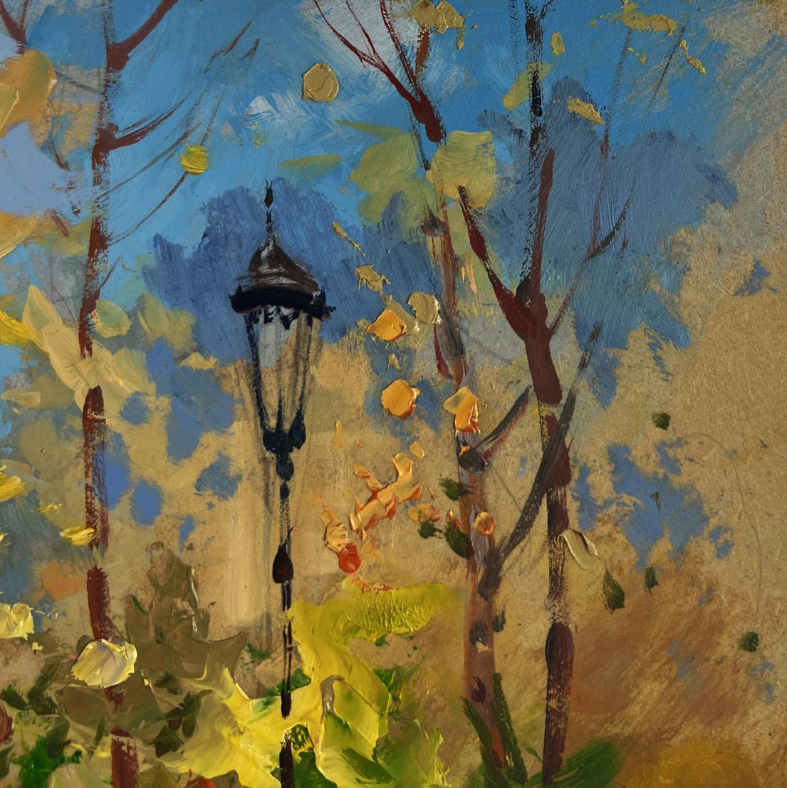 Oil painting of black wrought iron street lamp amid autumn leaves by Yuriy Suprunchuk