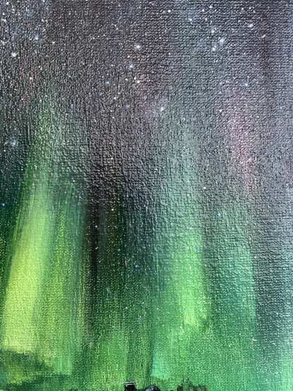 Oil painting Northern lights by Tatyana Derdey, vibrant green aurora borealis on canvas