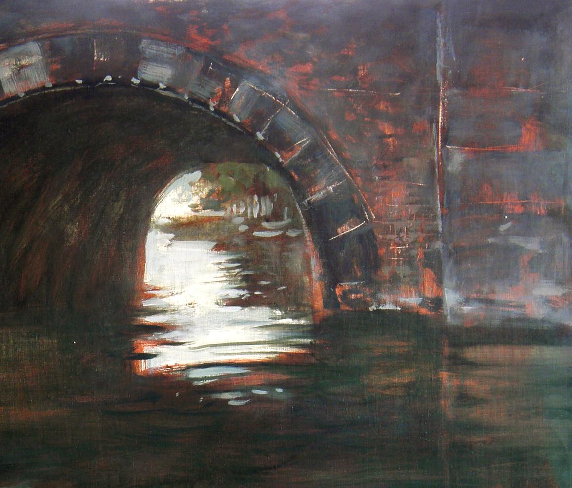 Oil painting Under the bridge by Ed Potapenkov: dark arched stone bridge with reddish-orange highlights in water