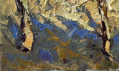 Impasto oil painting Summer day in the village by Oksana Ivanyuk, blue gold earth tones