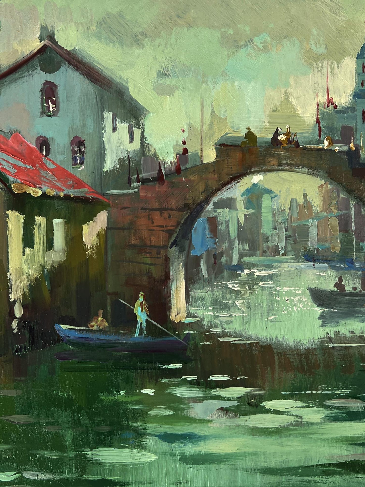 Oil painting of rustic Venice canal stone arch bridge by Yuriy Suprunchuk