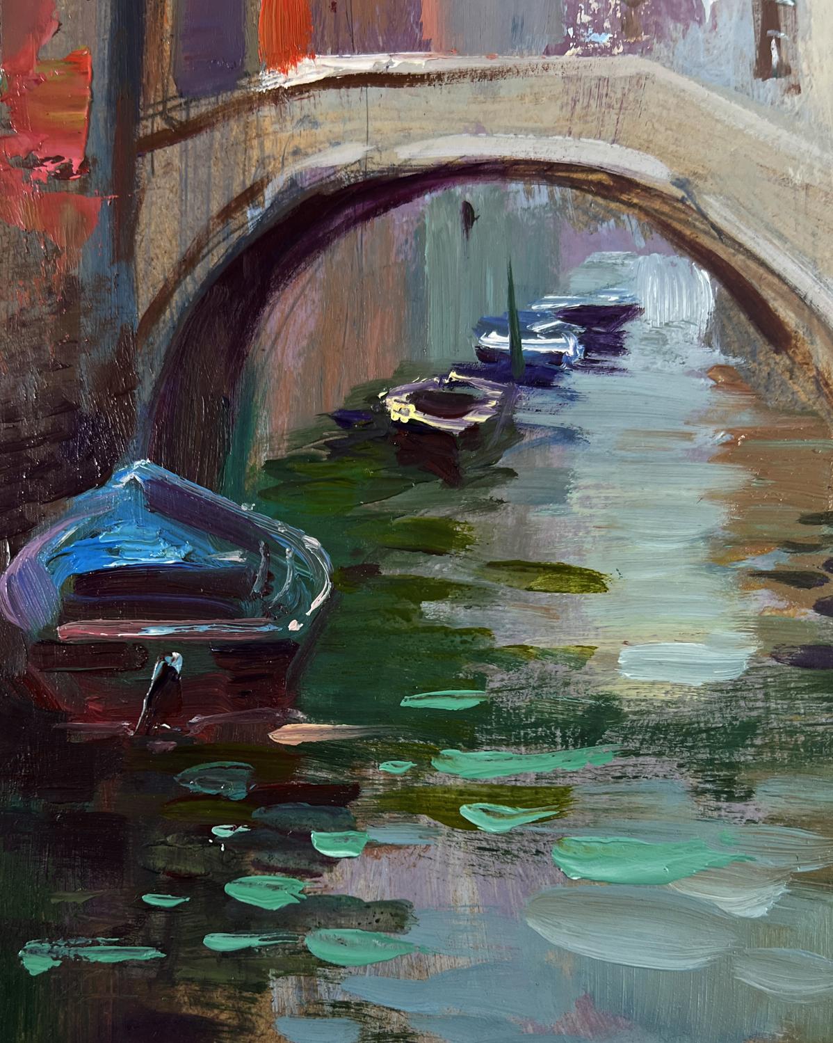 Oil painting of city in water reflection by Yuriy Suprunchuk with arched bridge and boats