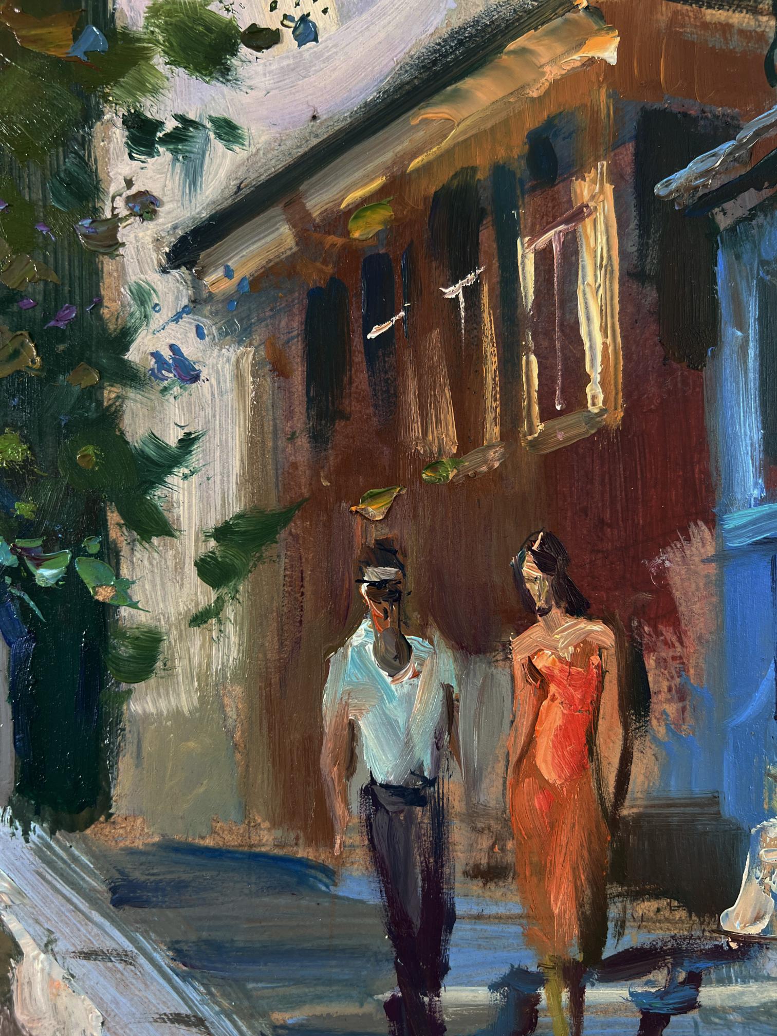 Vibrant oil painting by Yuriy Suprunchuk of couple walking sunlit city alley