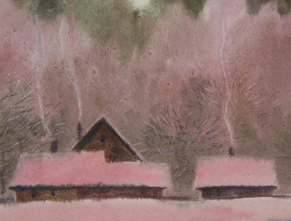 Watercolor painting Winter evening by Valery Savenets, snowy rustic houses