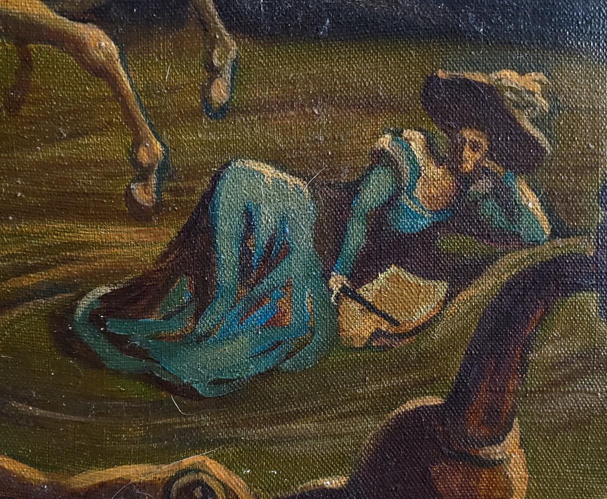 Oil painting An Evening of Recklessness by Daniil Litvinov: woman in teal gown by horses