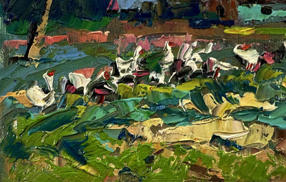 Vibrant impressionist oil painting by Oleksiy Ivanyuk of white swans with red beaks in lush evening foliage