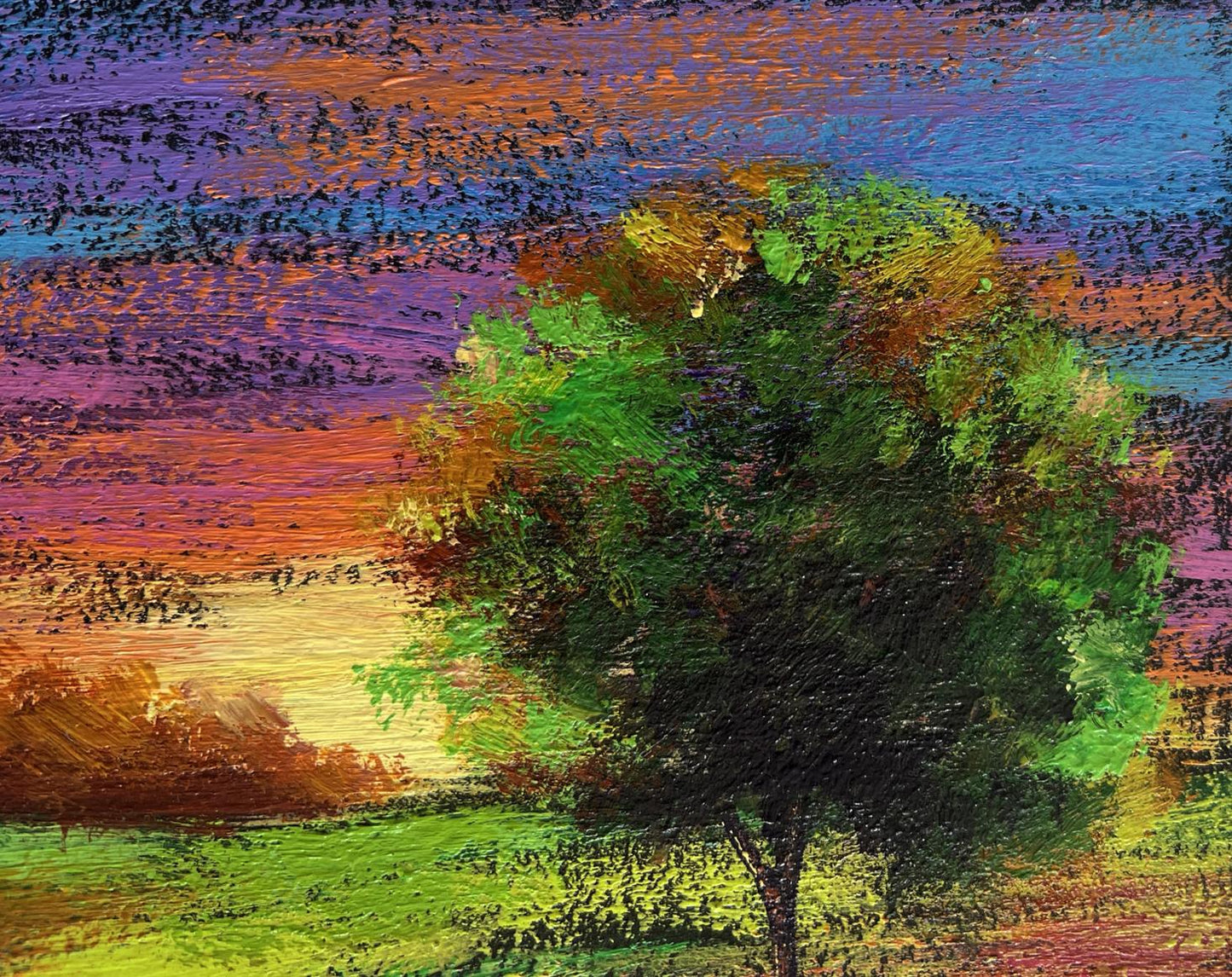 Oil painting Romantic evening by V. Zadorozhnya: solitary tree in dramatic sky