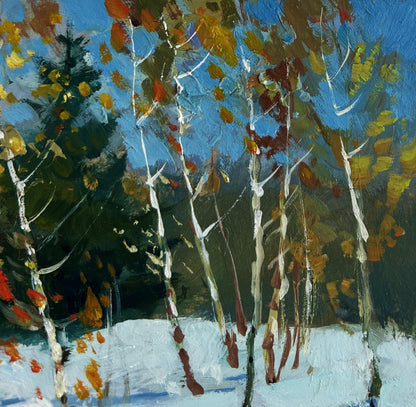 Oil painting by Yuriy Suprunchuk: autumn birch trees on snowy ground