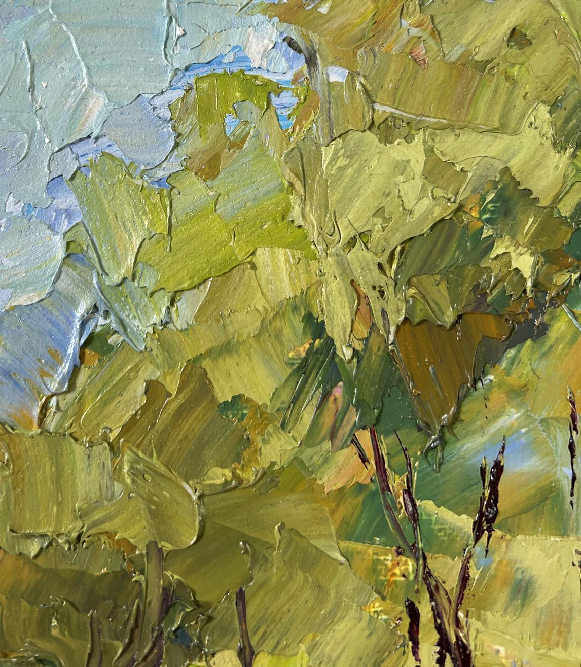 Textured impressionistic oil painting of willows over water by Boris Serdyuk