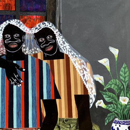 White lace veil with floral patterns drapes over stylized figures in Under One Blanket painting by Akintomide Akinshola