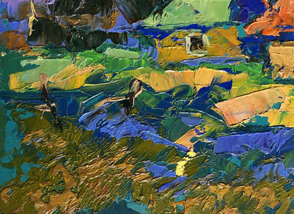 Vibrant impressionist oil painting of village and blue mountains by Oleksiy Ivanyuk