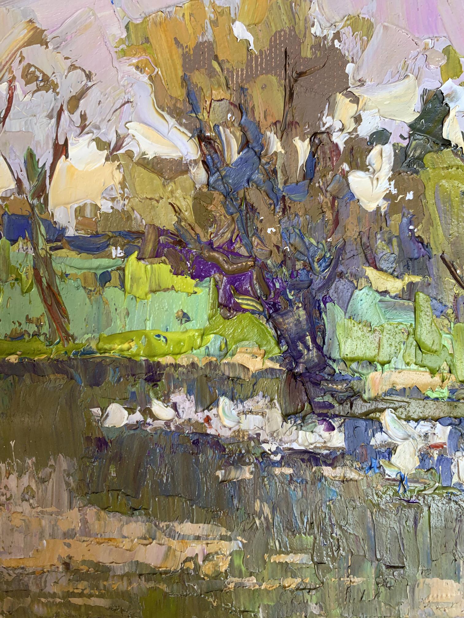 Textured impressionistic oil painting of geese in lake by Oksana Ivanyuk