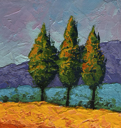 Oil painting of three tall slender cypress trees by V. Zadorozhnya
