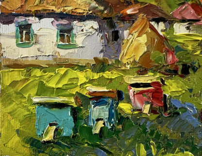 Vibrant impressionist oil painting of Oksana Ivanyuk village yard with apiary