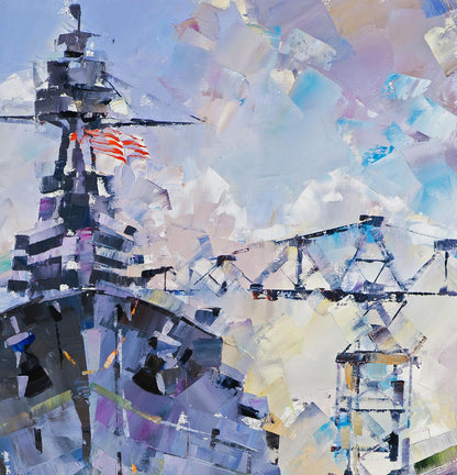 Abstract impressionist oil painting of USS Texas BB-35 in dry dock