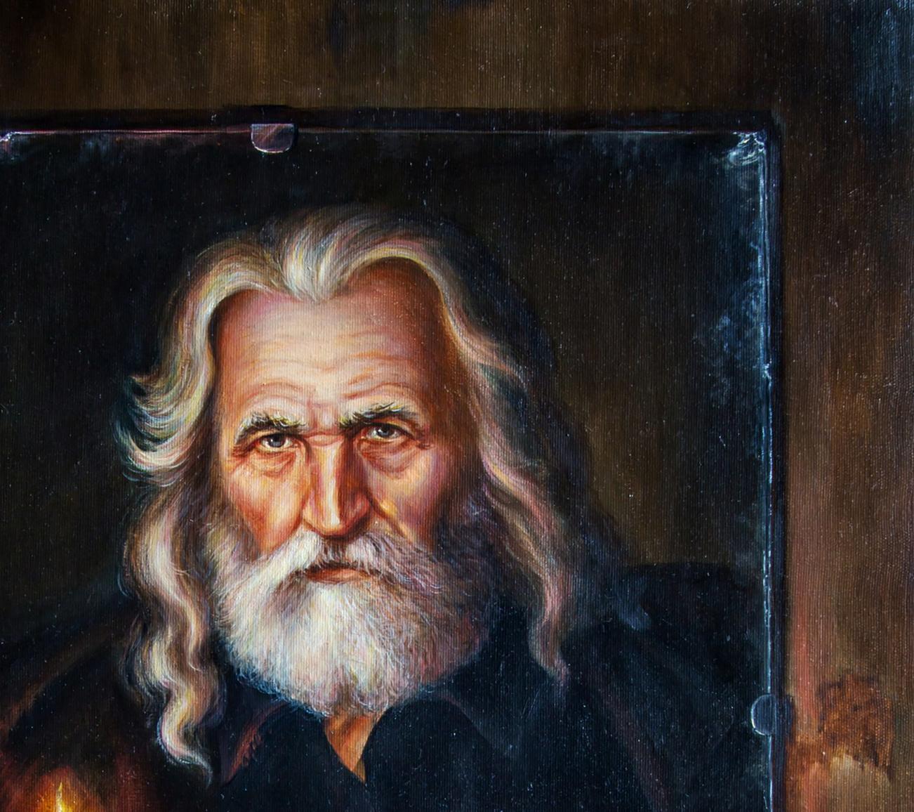 Oil painting of elderly man in old mirror by Valeriy Bulat