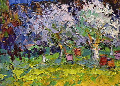 Vibrant impressionist oil painting Spring apiary by Oksana Ivanyuk