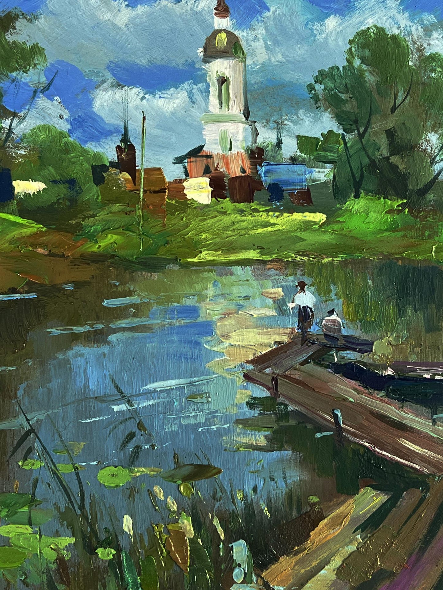 Oil painting of white church tower with golden dome by Yuriy Suprunchuk