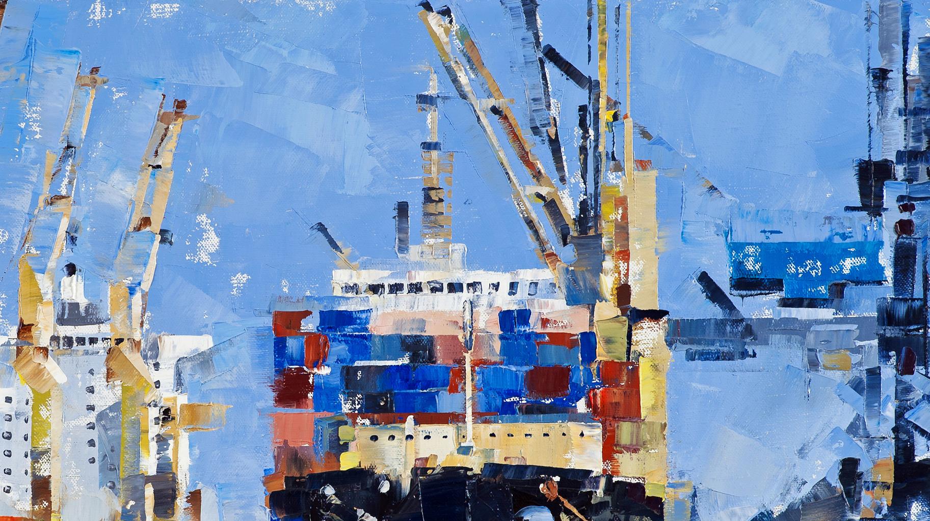 Oil painting of cargo ship with colorful containers by Volodymyr Gluhomanyuk
