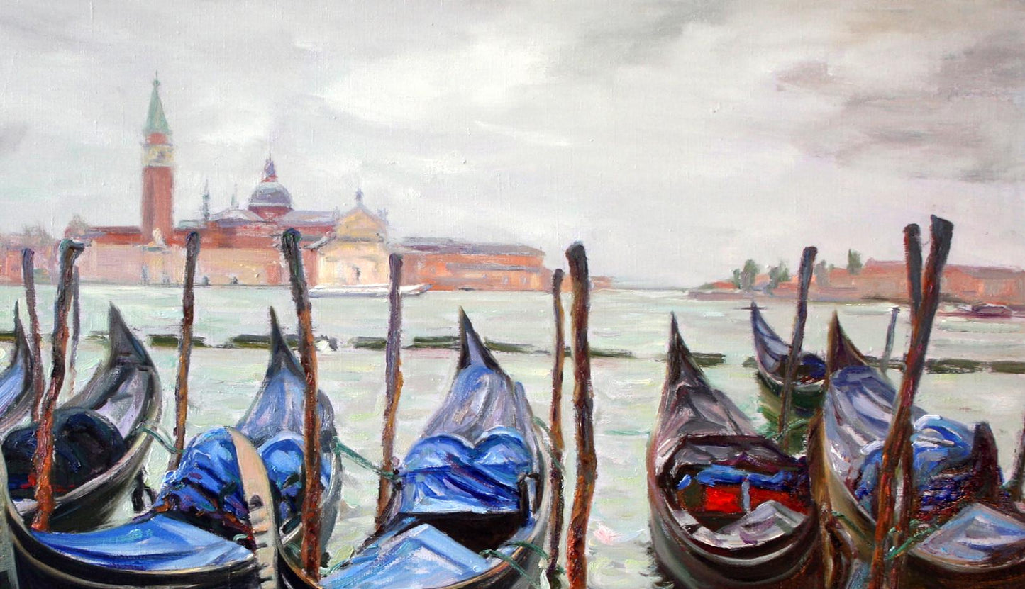 Oil painting of blue gondolas docked in Venetian canal by Leonid Pavlenko