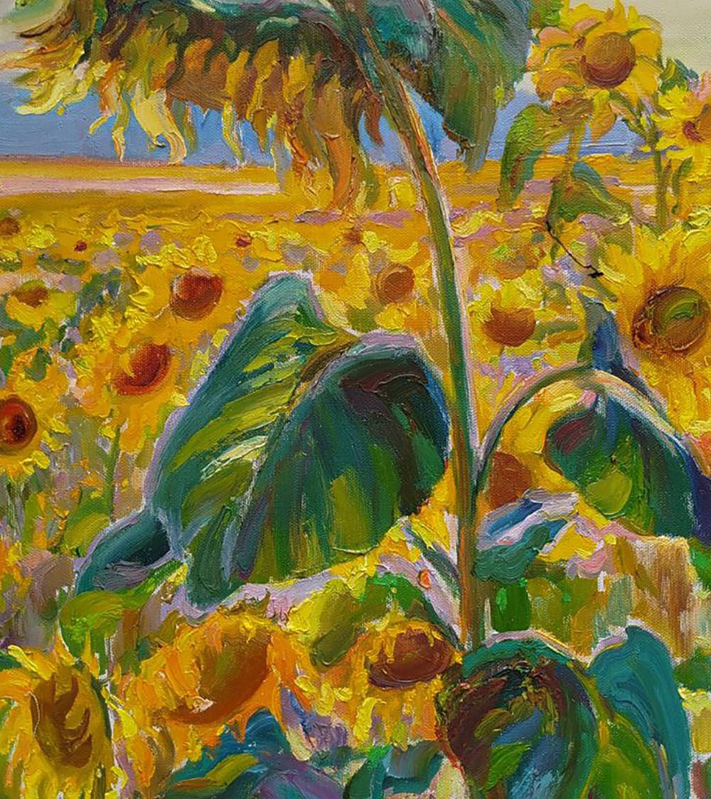 Oil painting Among the Sunflowers by Leonid Pavlenko vibrant yellow sunflowers