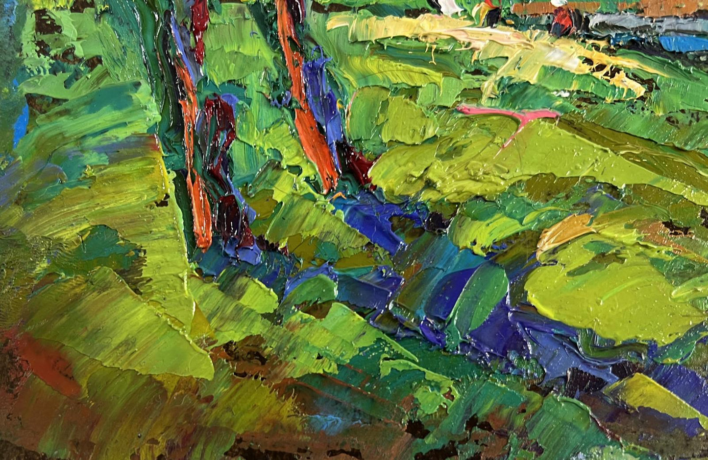 Vibrant impressionist oil painting Sky through green branches by Oleksiy Ivanyuk
