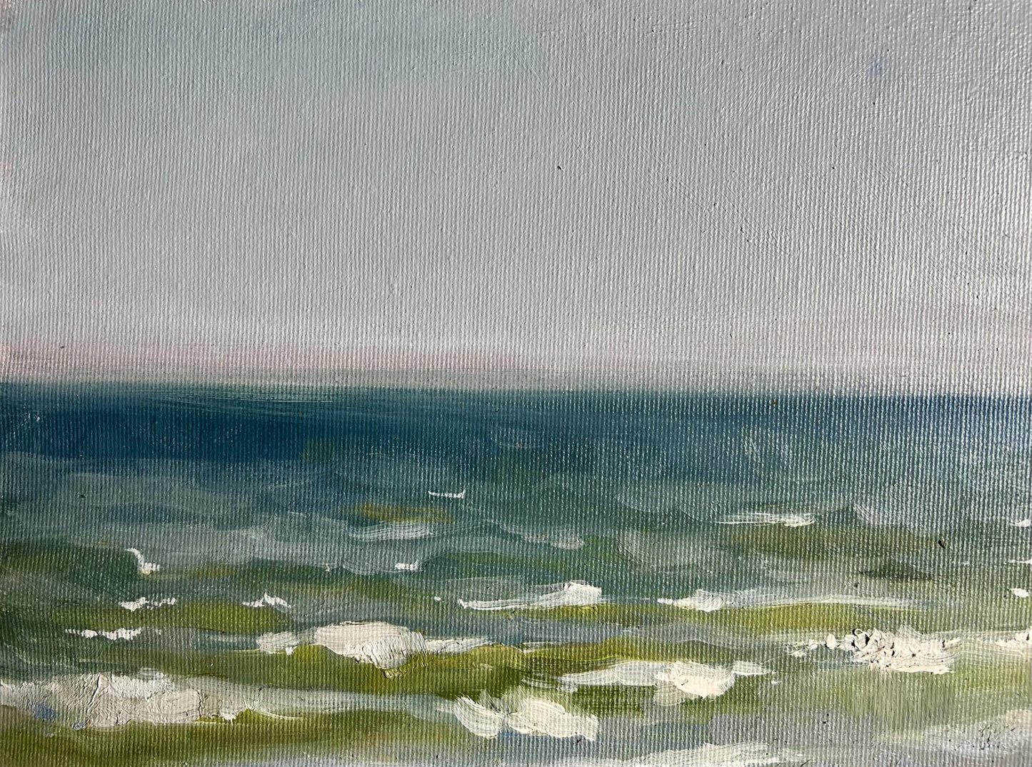Oil painting Autumn sea breeze by Tatyana Derdey, calm ocean and gray sky