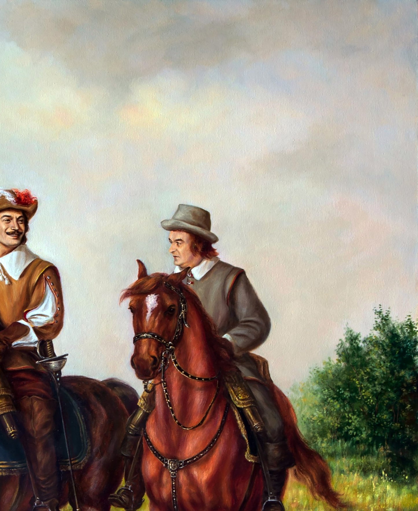 Oil painting Provincial air Valeriy Bulat two men on horses under cloudy sky