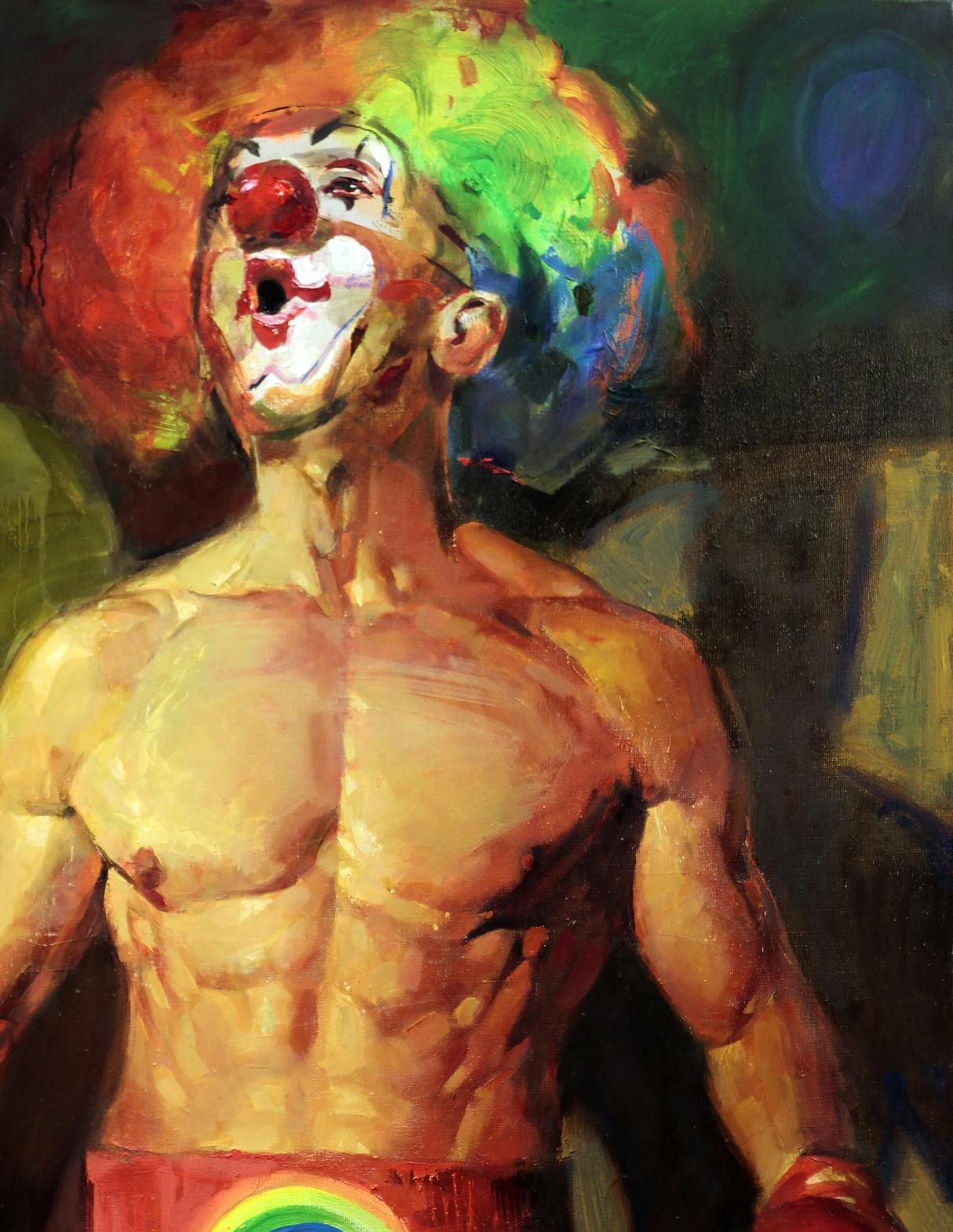 Oil painting of muscular red clown by Ed Potapenkov