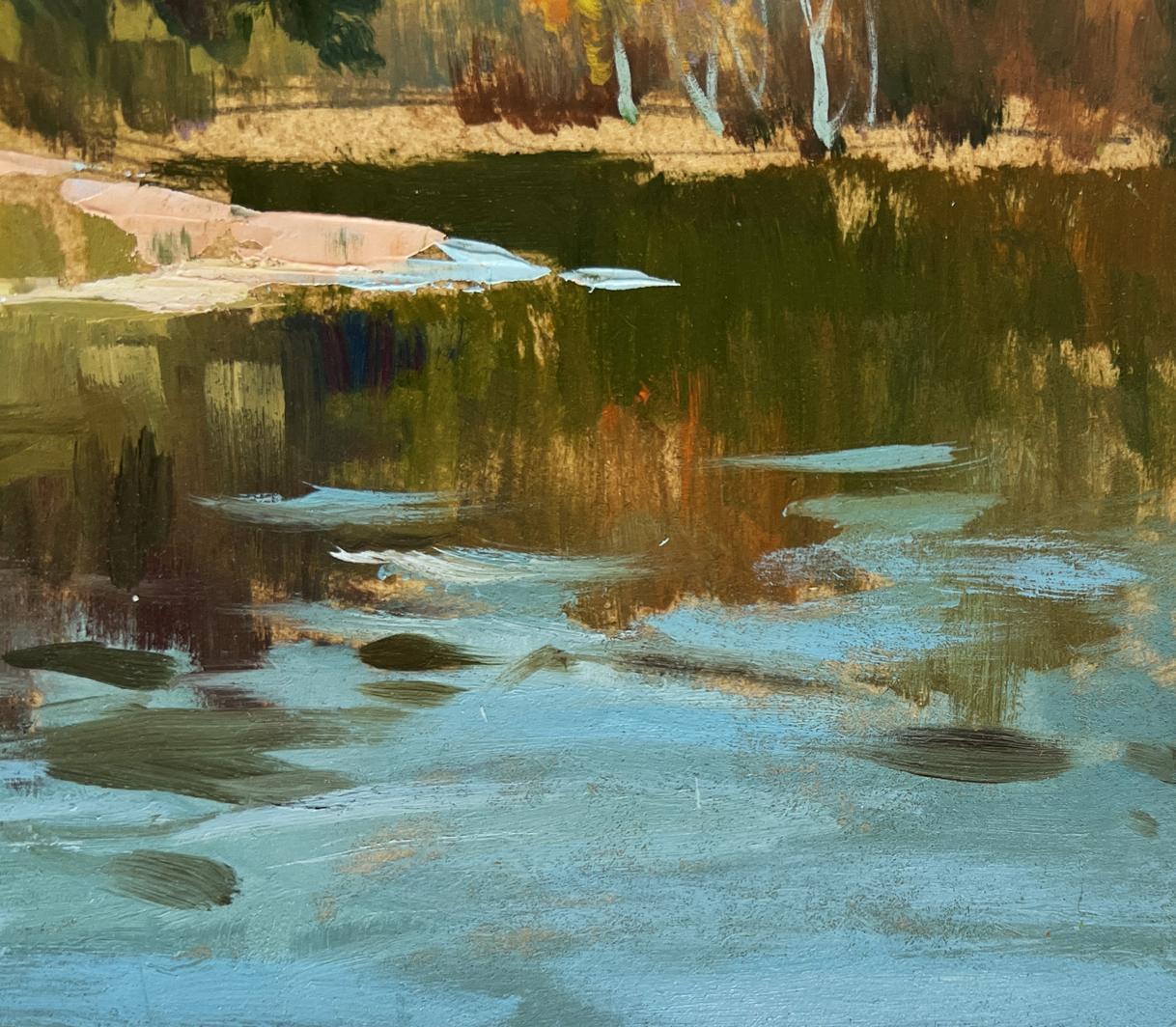 Tranquil autumn pond oil painting by Yuriy Suprunchuk, Getting out into nature