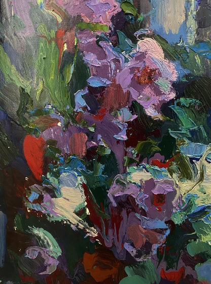 Vibrant Blooming Garden oil painting by Oksana Ivanyuk with impasto flowers