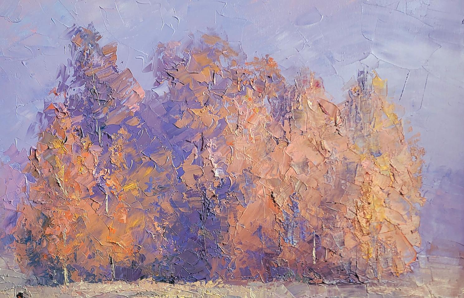 Oil painting Cold morning by Boris Serdyuk: textured autumn trees in warm hues