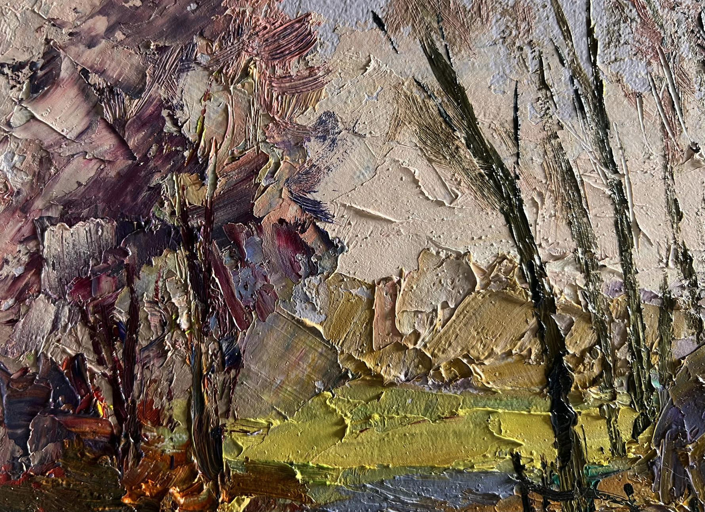 Oil painting March days in the field by Boris Serdyuk, impasto earthy tones