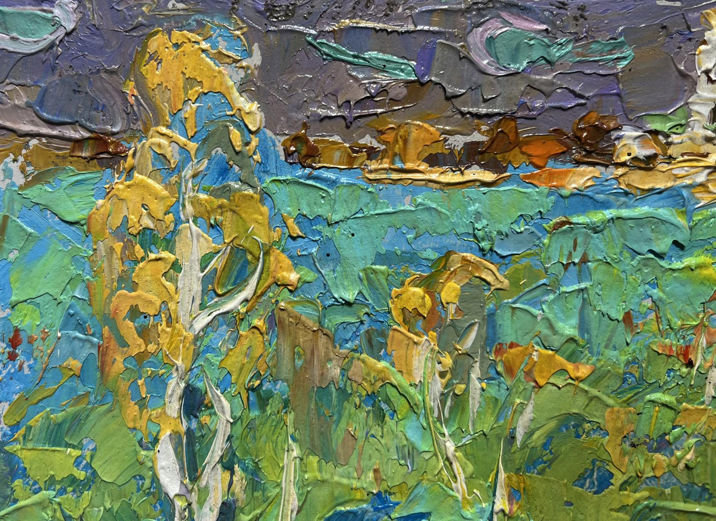 Oil painting Early autumn has come by Oksana Ivanyuk with vibrant green, yellow, blue impasto