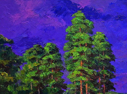 Oil painting of vibrant green coniferous trees and flowers near forest by Boris Serdyuk